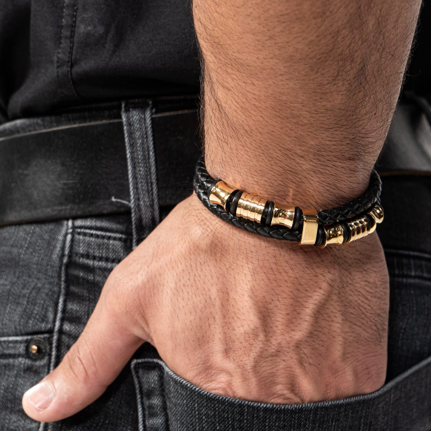 SERASAR Mens Bracelets 20cm Gold Gift Box Genuine Leather Cowhide Braided Adjust Able Magnetic Clasp MultiLayer Wrap Jewellery Man Mans Male Band Jewelry Accessories