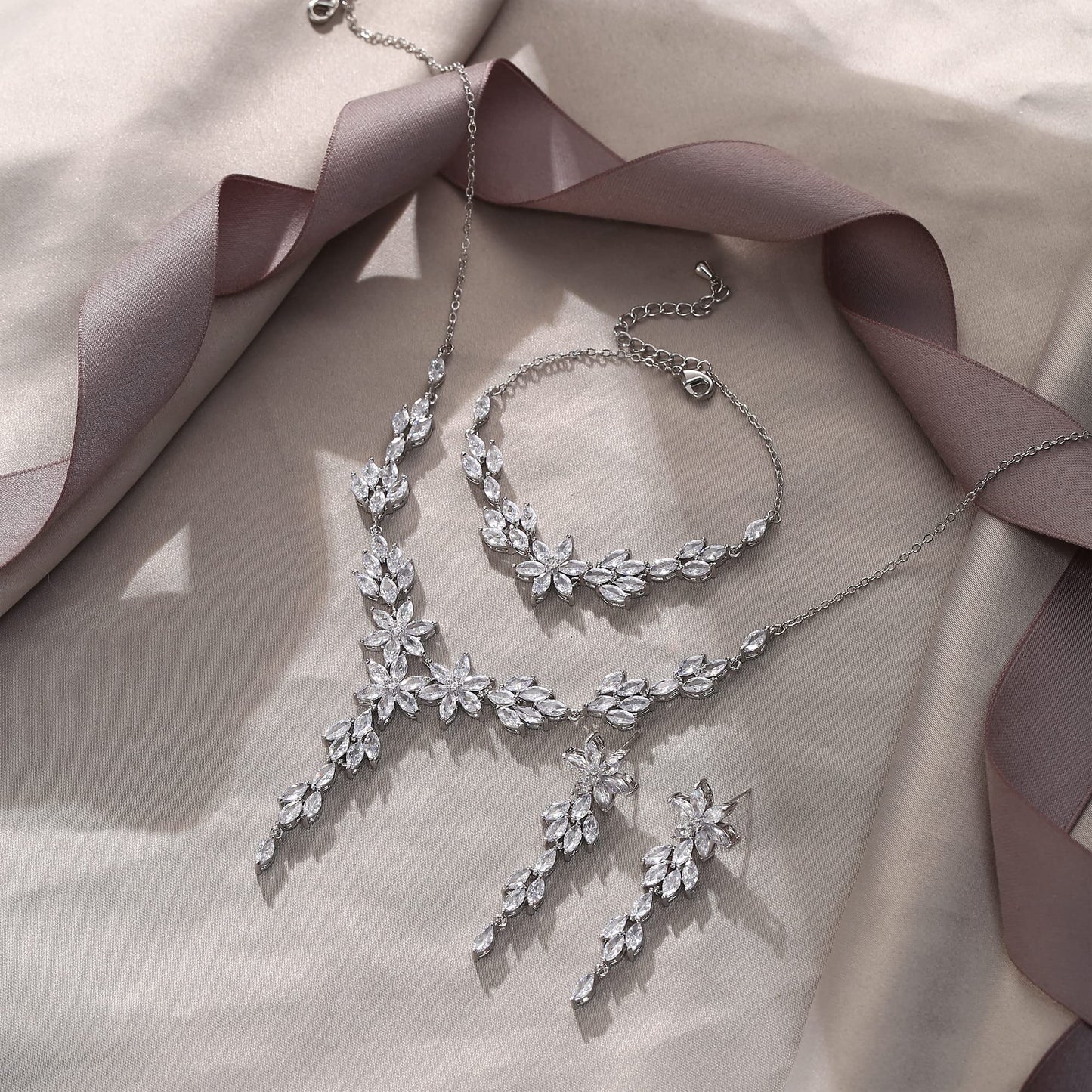 EVER FAITH Wedding Party Jewelry Set for Bride Bridesmaid, Flower Leaf Marquise Cubic Zirconia Necklace Dangle Earrings Bracelet Setsfor Women