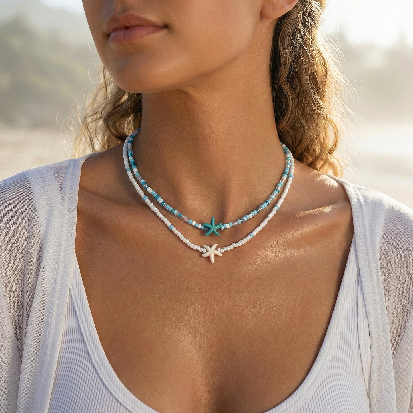 Lameybrt Cowrie Shell Surfer Necklaces, Hawaiian Beach Handmade Choker Set for Women, White Rice Bead with Black Accents, Bohemian Summer Seashell Choker 2 Piece Set, Perfect for Summer Beach Vacation, Birthday, Mother’s Day & Holiday Gifts (Shell 17 Doub