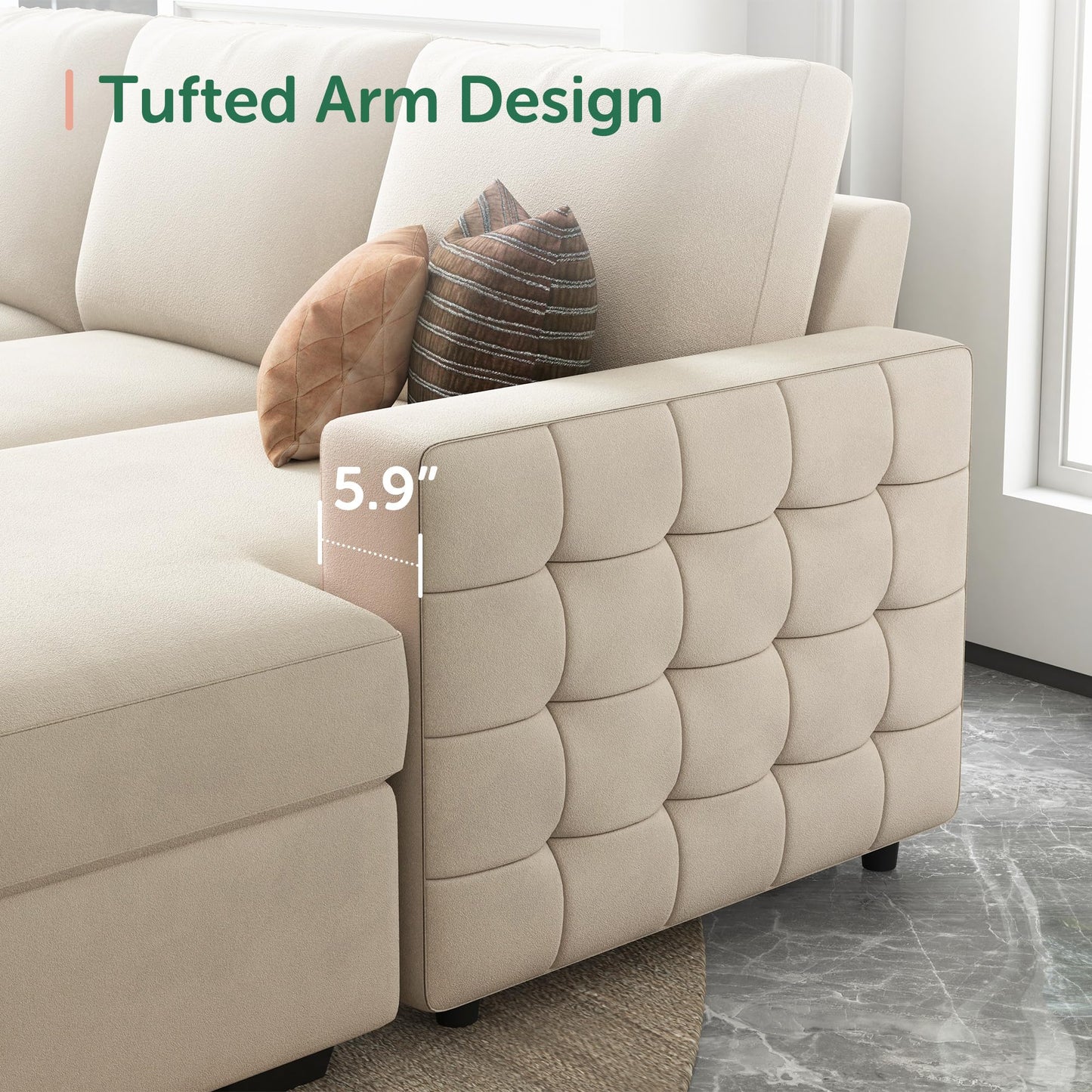 HONBAY Sectional Couch with Pull Out Bed, Sectional Sleeper Sofa with Storage, U Shape Couches for Living Room, Velvet Beige