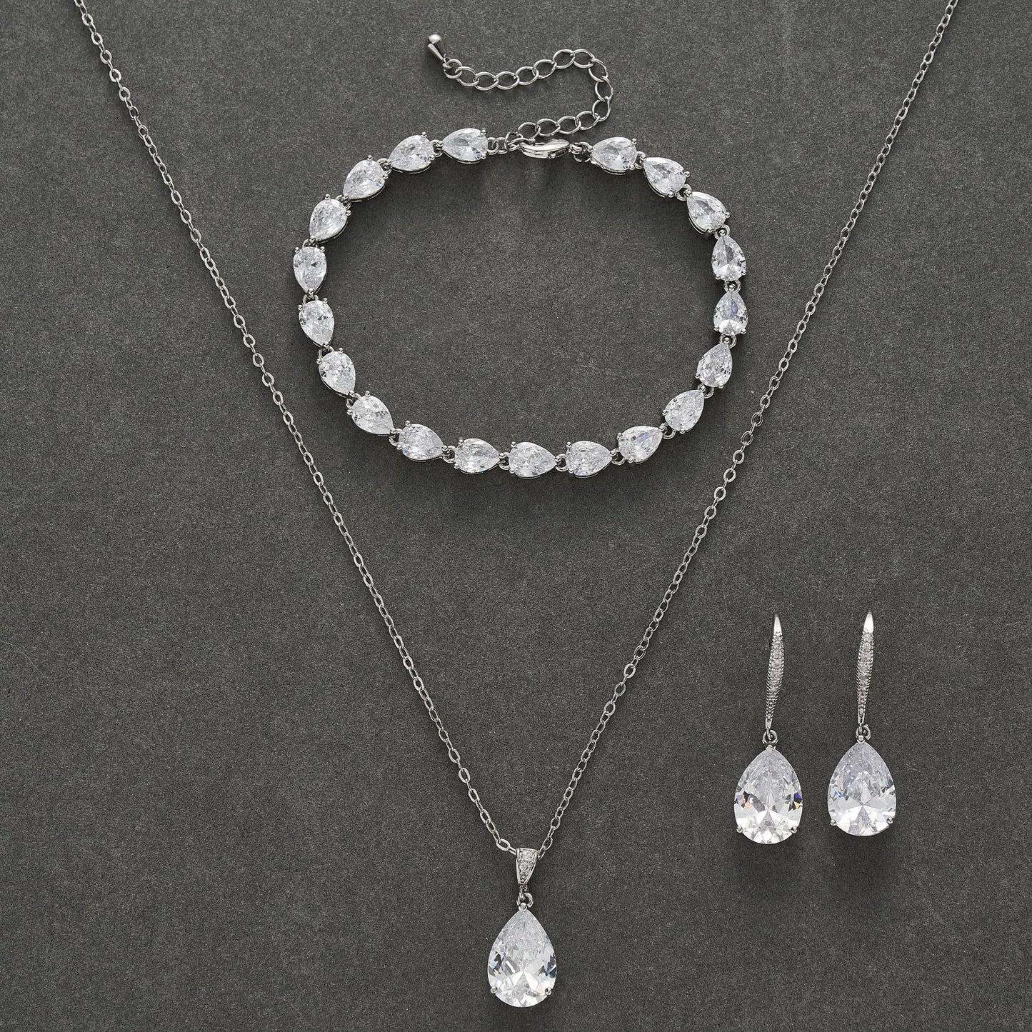SWEETV Bridal Jewelry Set for Wedding, Cubic Zirconia Crystal Wedding Jewelry Set for Bride Bridesmaid, Crystal Teardrop Pendants Earrings Necklace Bracelet Set for Prom