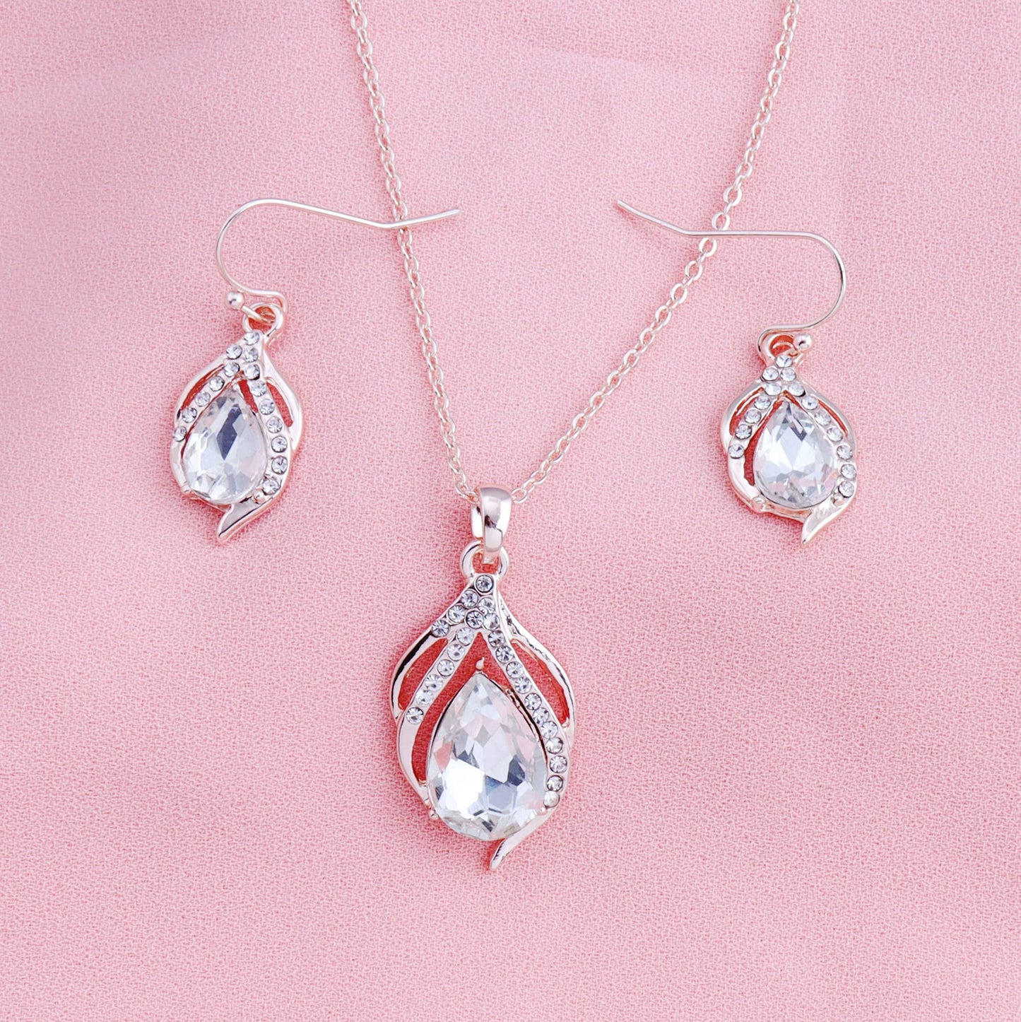 OTTFF Dainty Bridesmaid Jewelry Set for Women 4 Sets Rose Gold Plated Pave Rhinestone With Crystal Necklace Earrings Set for Wedding/Engagement/Anniversary