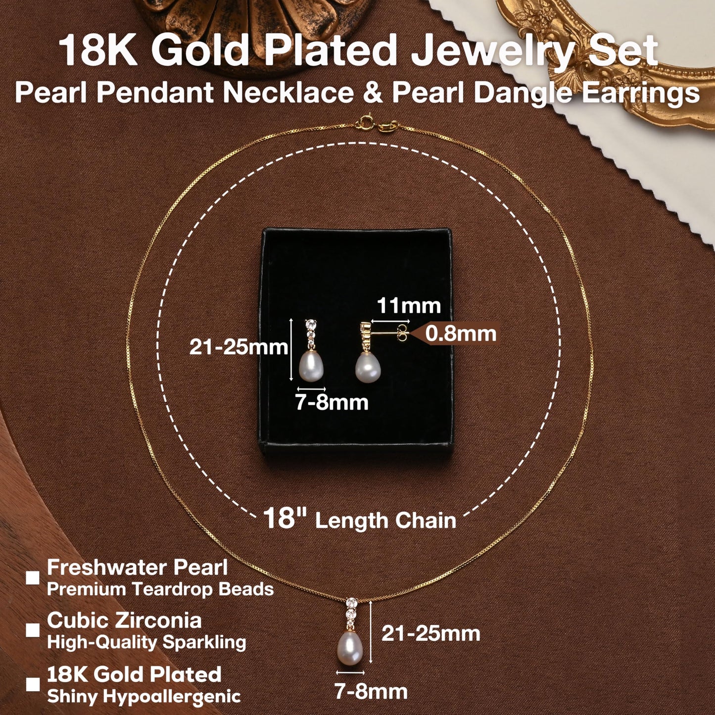 HENGSHENG Pearl Jewelry Set For Women Freshwater AAAA Pearl Pendant Necklace & Earrings 18K Gold Plated with Sparkling Cubic Zirconia Jewelry Set for Wedding Prom Gift