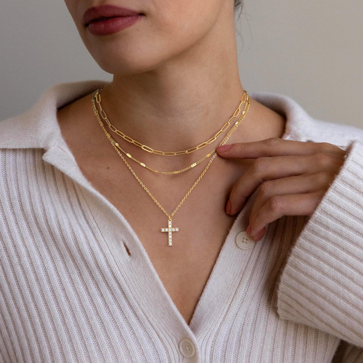 Layered Gold Cross Necklaces for Women,14k Gold Plated Dainty Stackable Choker Necklaces for Women,Trendy Layering Cubic Zirconia Cross Pendant Paperclip Thin Chain Necklace Set Jewelry Gifts for Women