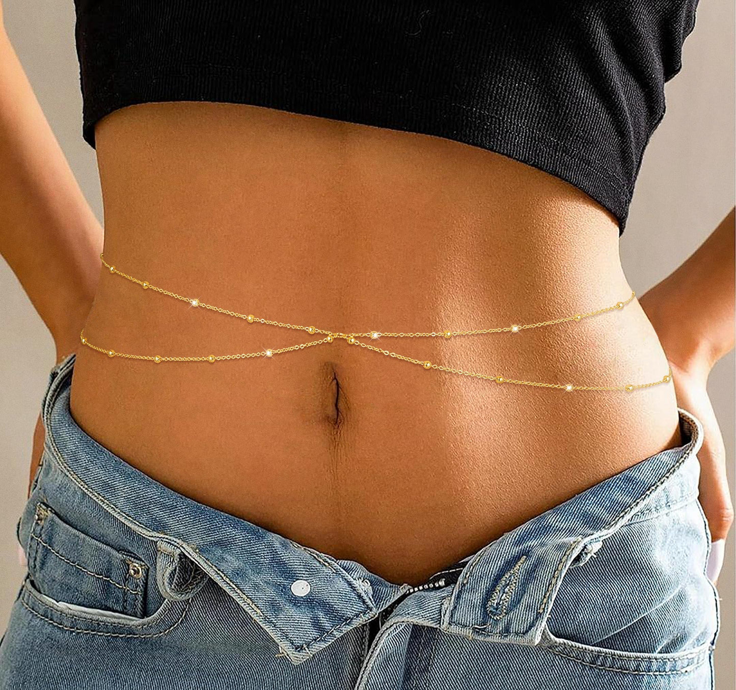 MFRYK 2PCS 14K Gold Plated Waist Chain Layered Double Beaded Satellite Belly Body Chain Boho Beach Waist Chains For Women Adjustable Waterproof Sexy Bikini Body Chain Jewelry For Women