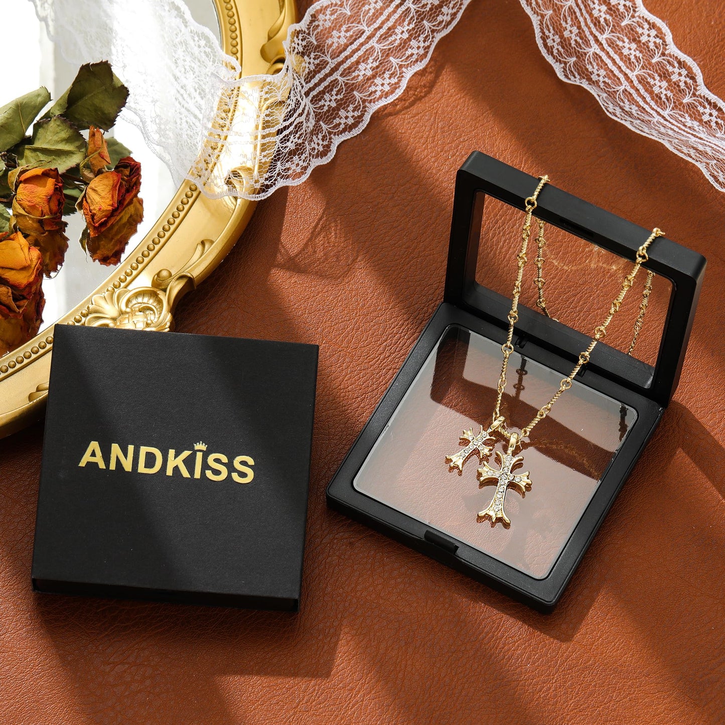 ANDKISS Cross Necklaces for Women - Dainty Cross Necklace 14k Gold Plated Necklace Simple Gold Charm Jewelry For Women (Double Cross)