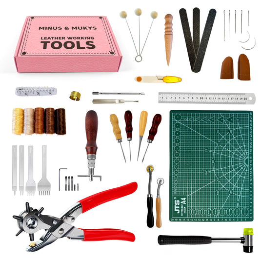 MINUS MUKYS Leather Working Kit Complete Leather Tools Set for Crafts Shoe Repair Kit Belts Includes Hole Puncher for Crafts Sewing Tools Awl Stitching Tool Cutting Mat Ideal for Beginners
