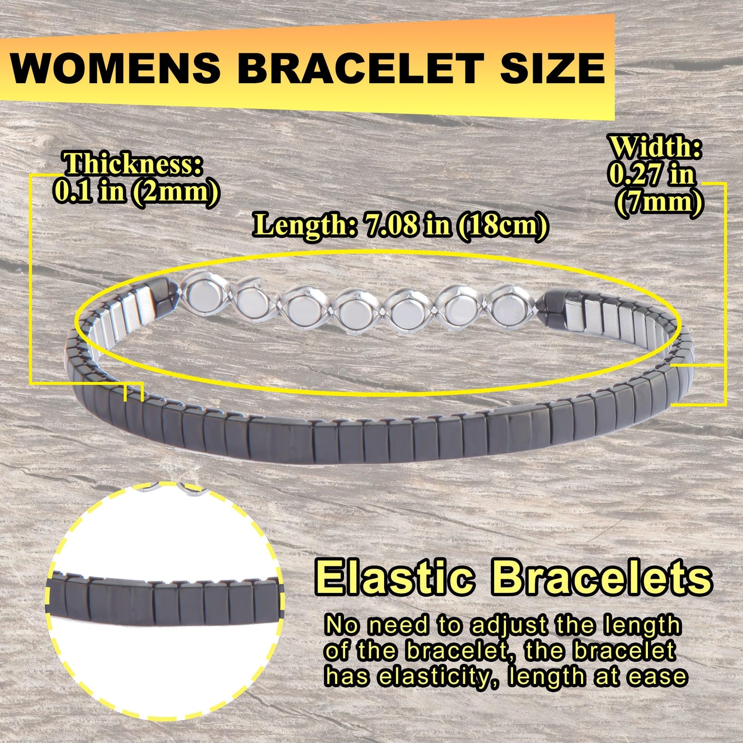 KYOSI Magnetic Bracelet for Women Energy Balance Stainless Steel Bracelet Magnet jewelry Stretches Elastic Small Bracelet (Silver+Black)
