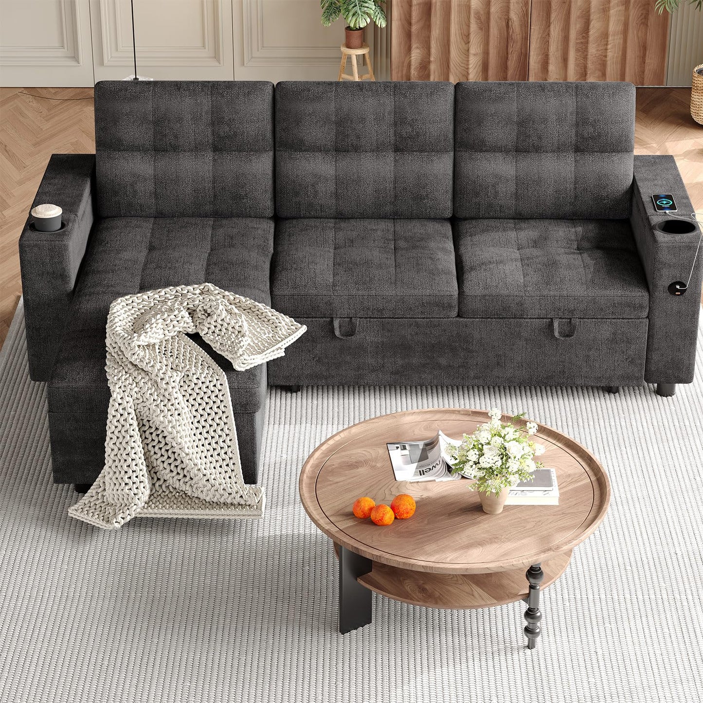GarveeLife Couches for Living Room, 84'' L-Shaped Sectional Sleeper Sofa with Pull Out Bed, Comfy Sofa Bed with Charging Ports and Storage Armrests, Dark Grey