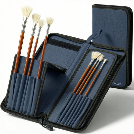 DUGATO Long Canvas Paint Brush Holder Zippered 5.7x14.8 inches, Premium Art Case for Brushes Long Handle up to 13" Length, 15 Slots Storage for Artist (Brush Not Included) - Blue