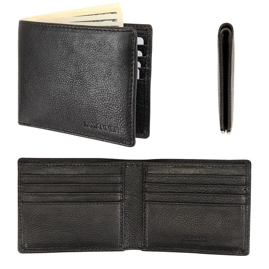 BOTANNER Genuine Leather Bifold Mens Slim Wallet RFID Blocking with 8 Credit Card Slots 2 Sections for Bills 2 Additional Slots | For Him (Black)