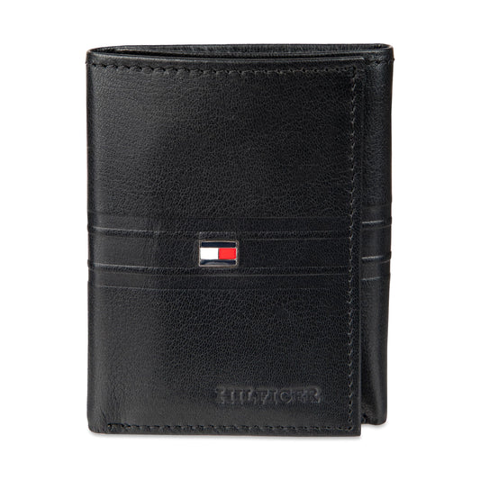 Tommy Hilfiger Men's Stripe Emboss Trifold Wallet, Black, One Size