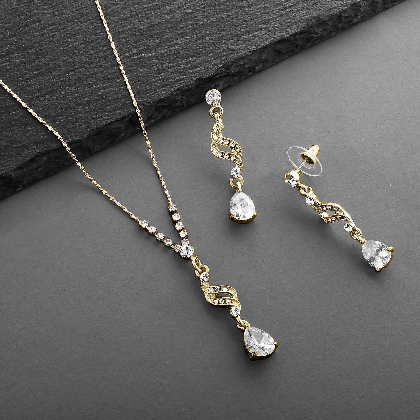 Mariell Gold Cubic Zirconia Prom Jewelry Set, Necklace & Earrings Set for Weddings, Brides, Bridesmaids