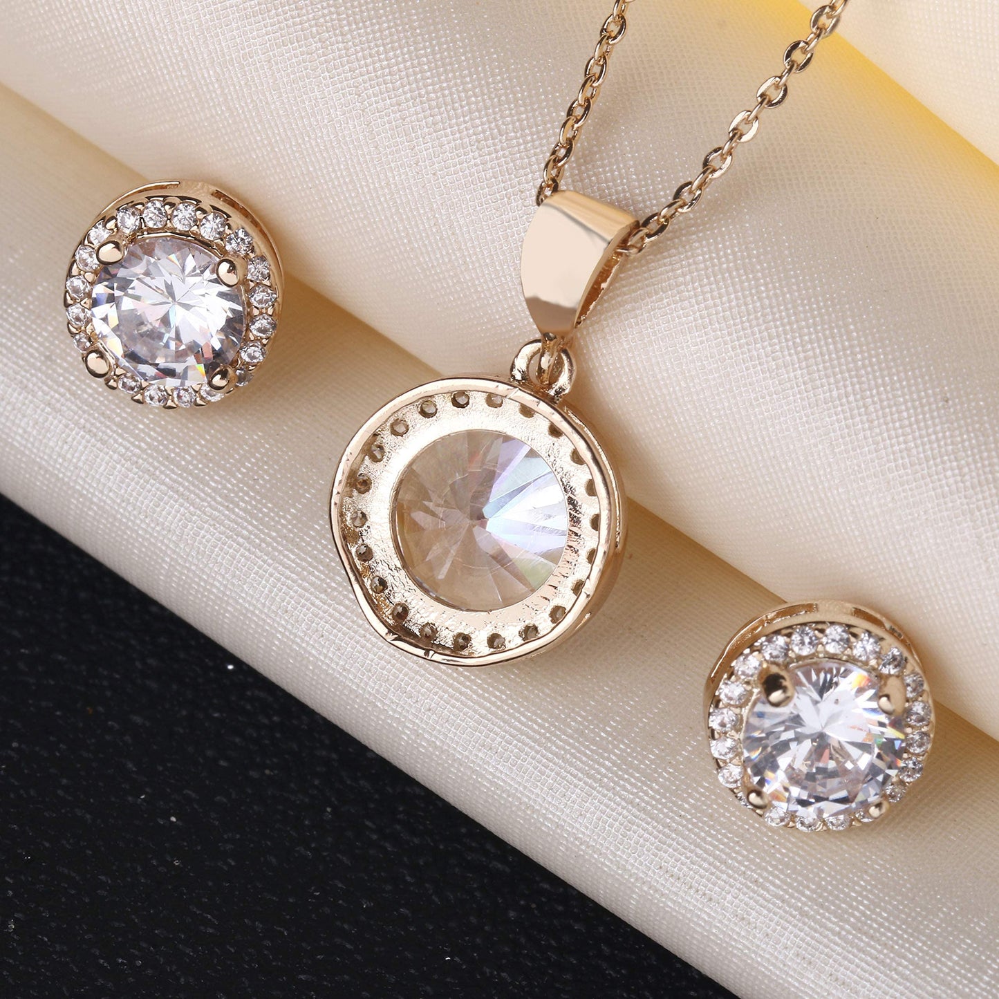 AMYJANE Crystal Jewelry Set Bride Bridesmaids - 14k Gold Plated Sterling Silver Round Cubic Zirconia Crystal cz Bridal Pendant Necklace Earrings Set for Women Party Prom