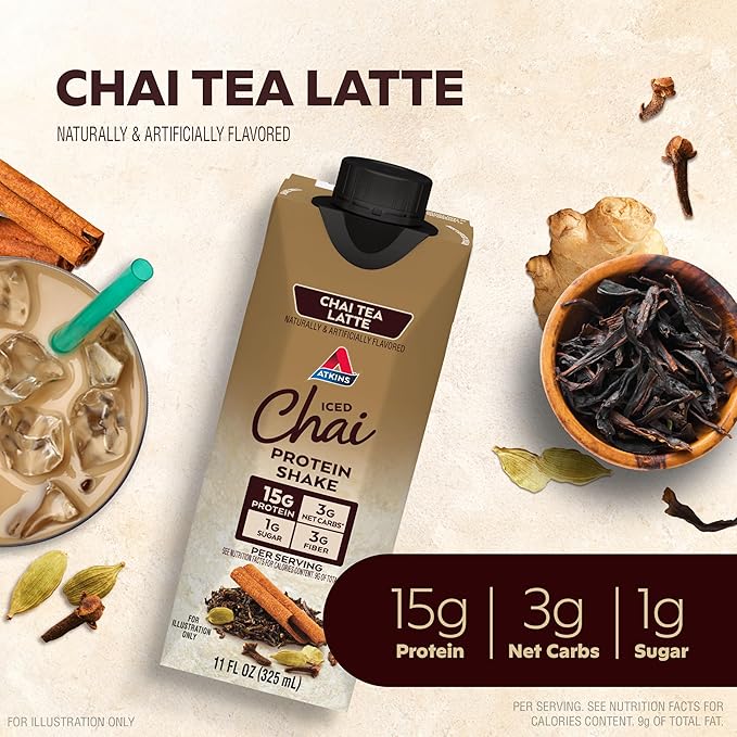 Atkins Chai Tea Latte Protein Shake with 15g Protein, 3g Net Carb, 1g Sugar + Atkins Peanut Butter Protein Wafer Crisps with 10g Protein, 4g Net Carb, 1g Sugar, 5 Count