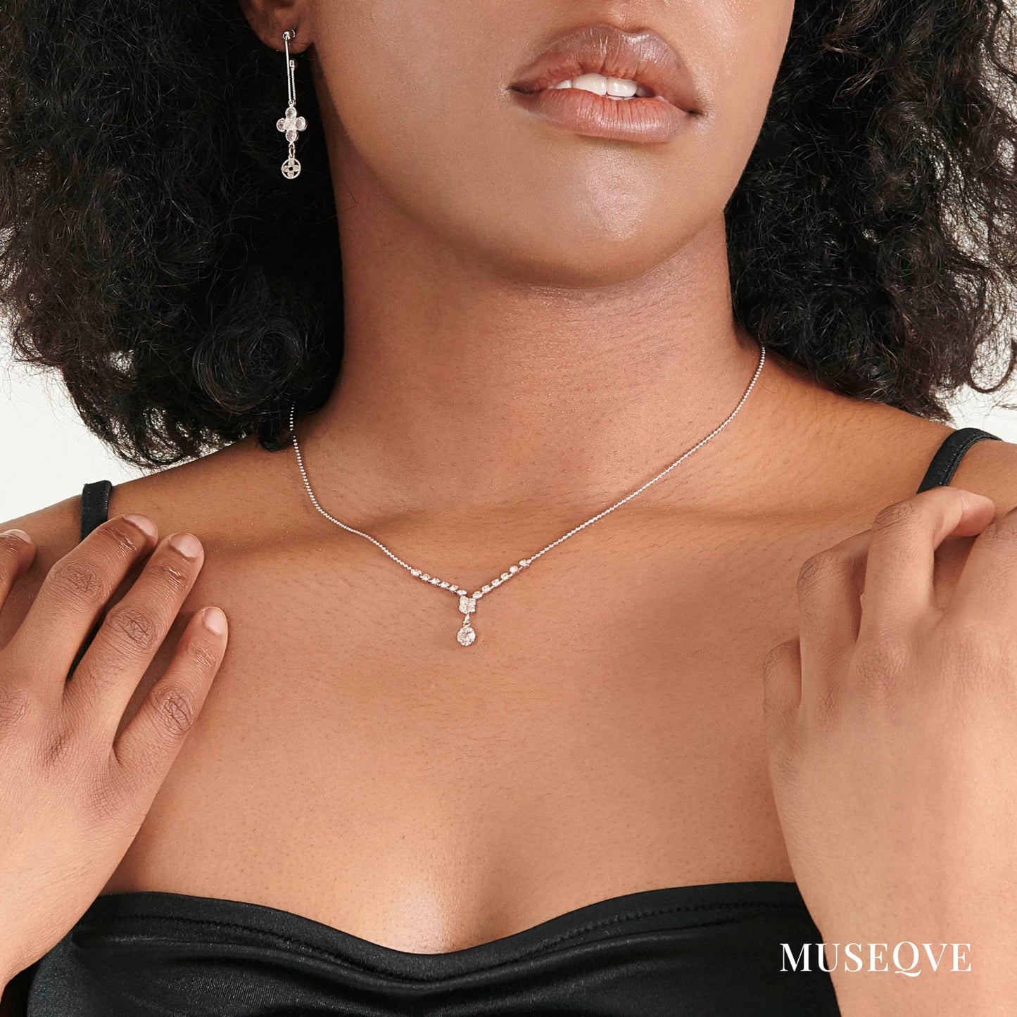 MUSEQVE CZ Drop Solitaire Necklace for Women • Y Shaped Lariat Necklace Round Cubic Zirconia Diamond Pendant Jewelry • Rhodium Plated Tarnish Free Adjustable Chain [CZN-Y-S]