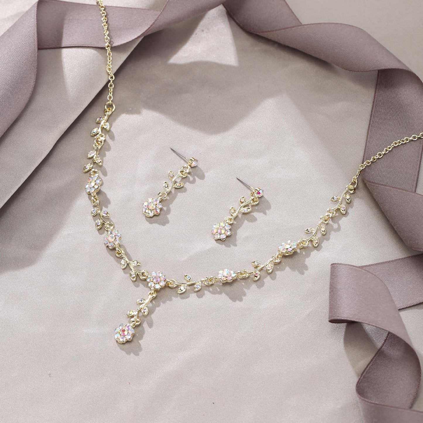 EVER FAITH Wedding Jewelry Sets for Women Rhinestone Crystal Elegant Cluster Flower Bridal Necklace Earrings Set fit with Prom Party Dress Iridescent AB Gold-Tone