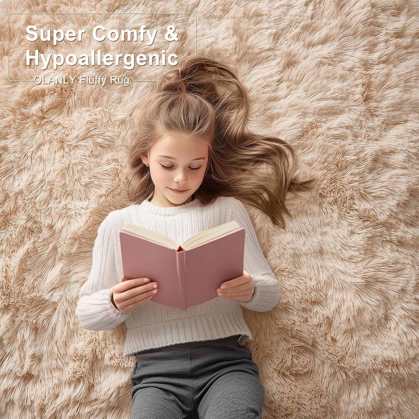 OLANLY Large Area Rug - Soft Fluffy Shaggy Carpet for Living Room & Bedroom | 7x7 ft, Beige