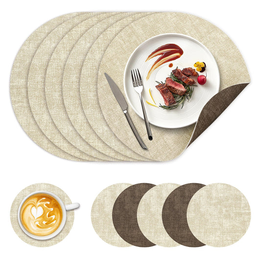 13" Round Placemats Set of 6, NCUE Dual-Sided Faux Leather Heat Resistant Table Mats, Waterproof Oilproof Washable Protective Table Placemats with Coaster, Wipeable Vinyl for Indoor & Outdoor Use