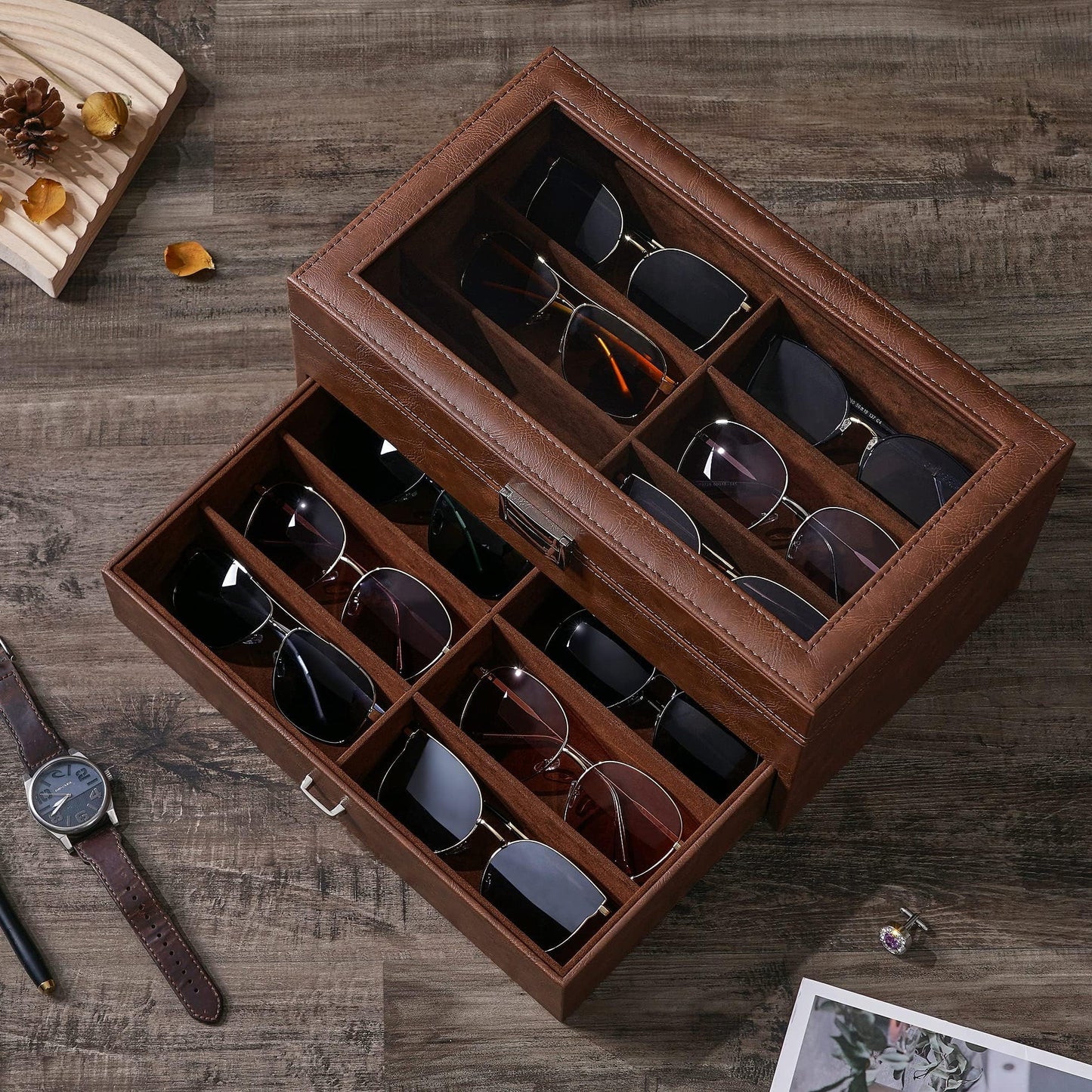 BEWISHOME Sunglasses Organizer, 12 Slots Sunglasses Case for Women Men, Eyeglasses Eyewear Display Case with Clear Glass Top, Faux Leather,Brown SSH48Z