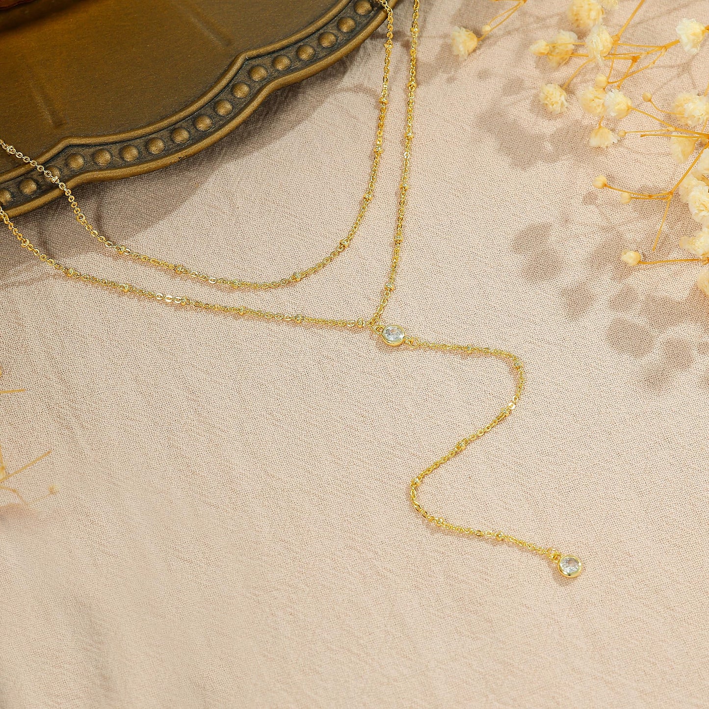 Poaiiu Lariat 14k Gold Plated Necklace for Women, Dainty Long Layered Y Necklaces CZ Pendant Beaded Choker Necklace Simple Trendy Gold Jewelry Gift for Women