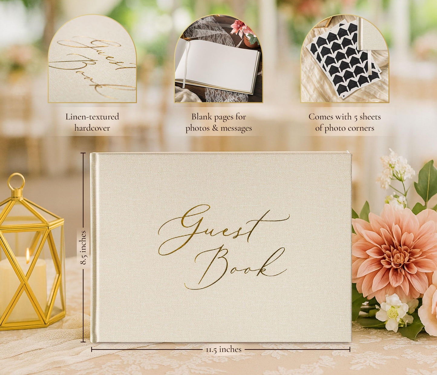 Luxury Blank Guest Book – Large 11.5x8.5” Cream Linen Hardcover with Gold Foil Embossed Cover & Gilded Edges – Unlined Wedding, Baby Shower, or Memory Book for Events