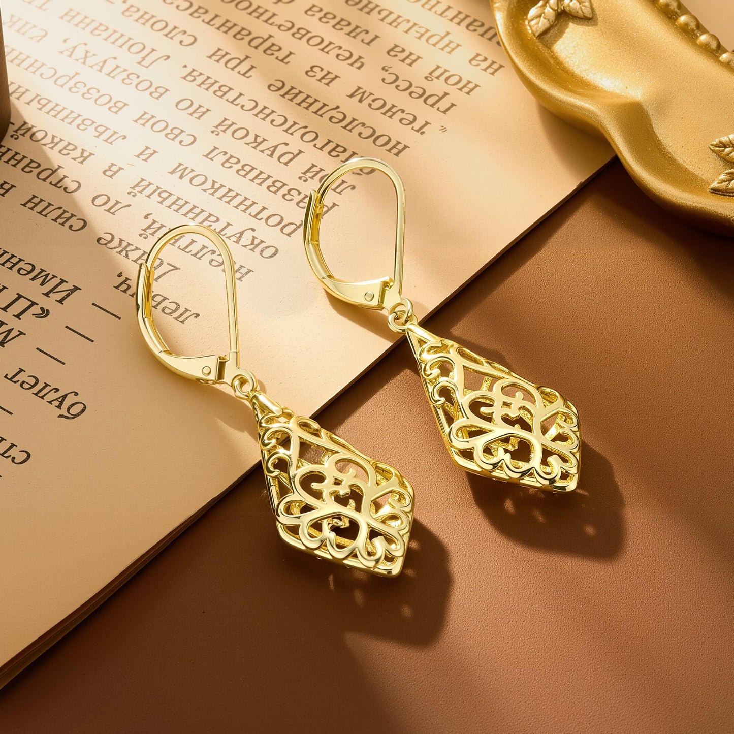 14K Gold Dangle Earrings for Women, Geometric Filigree Dangling Leverback Earrings, Gold Hypoallergenic Lightweight Dangly Drop Earings for Women Trendy Jewelry Gifts