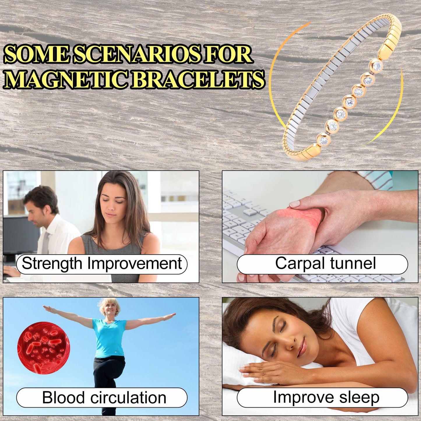 KYOSI Magnetic Bracelet for Women Energy Balance Stainless Steel Bracelet Magnet jewelry Stretches Elastic Small Bracelet Mothers Gifts (Silver+Gold)