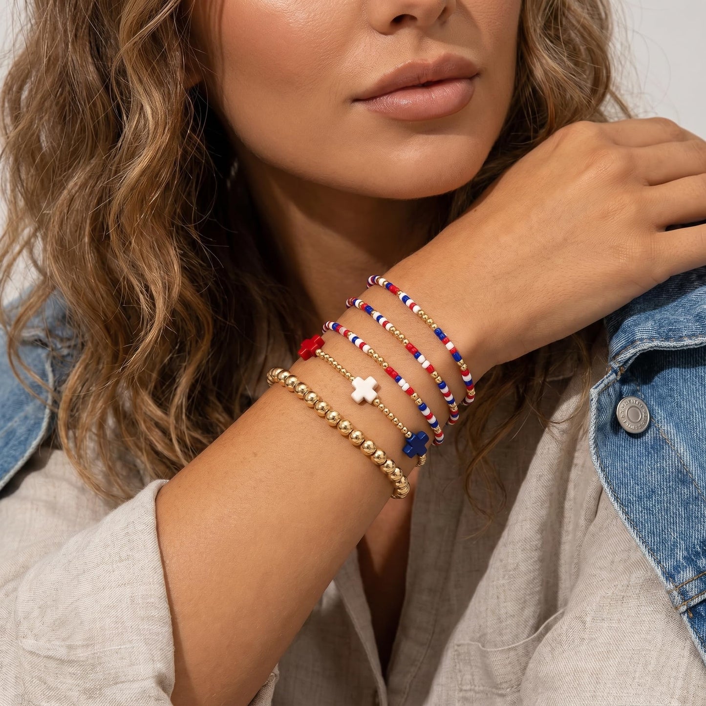 Bohxantium 4th of July Bracelet Stack for Women,Dainty Gold Beaded Cross Patriotic Bracelets Set,Elastic Red White Blue Tiny Beads Usa Bracelet,Trendy Fourth of July Independence Day Accessories Gifts