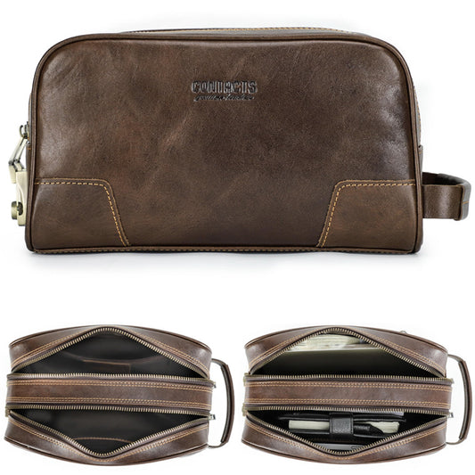 CataPurus Travel Organizer Clutch Bag, Top Grain Leather, Handmade Retro Vintage Design, 3 Zipper Pockets & Combination Locks, Portable Storage Bag for Phone, Cable, Charger, Notebook, Cash, Cosmetic