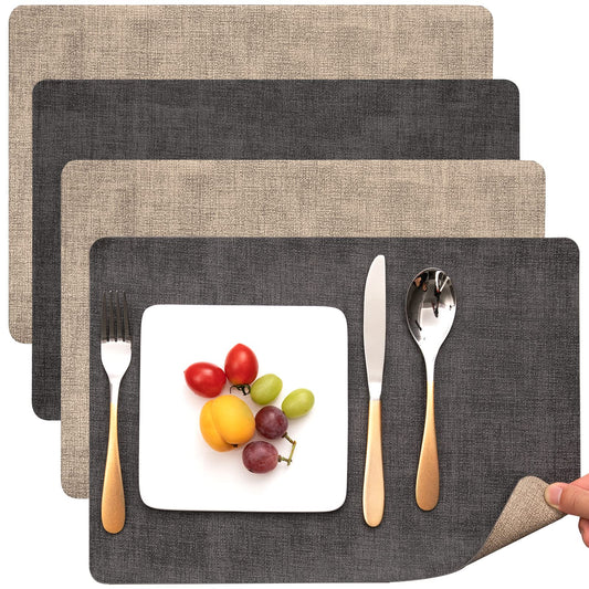 Myir JUN Placemats Dual Sided, Faux Leather Place Mats Set of 4 Indoor Placemat for Dining Table Outdoor Place Mat Manteles Individuales Square Non-Slip Washable Table Mats (Gray Beige, Set of 4)