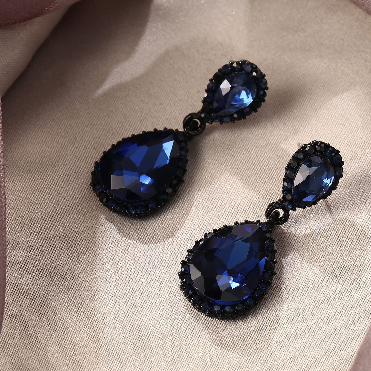 EVER FAITH Women's Austrian Crystal Dangle Earrings, Elegant Party Prom Waterdrop Pierced Earrings Sapphire Blue Black-Tone