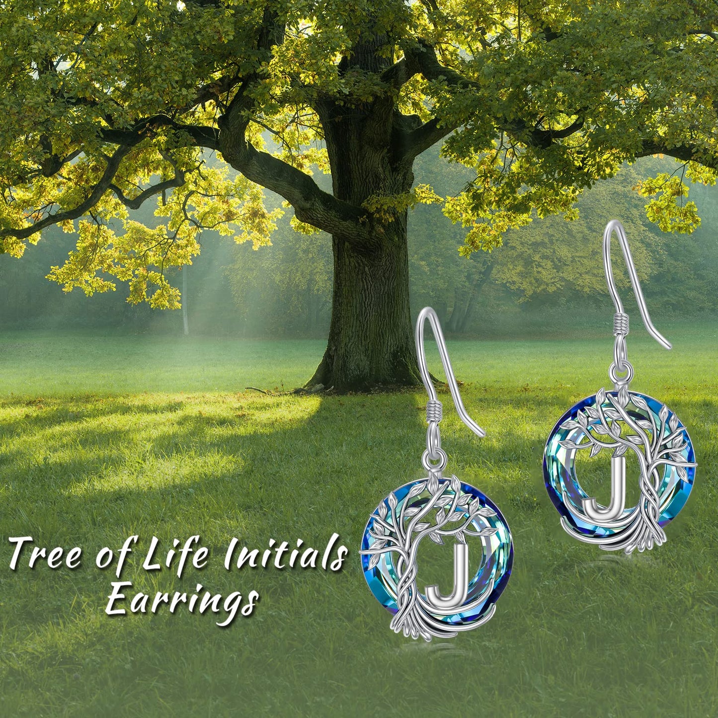 TOUPOP Tree of Life Initial Earrings Sterling Silver Initial J Letter Drop Dangle Earrings Blue Circle Crystal Family Tree Jewelry Birthday Mothers Day Gifts for Women Mom Her
