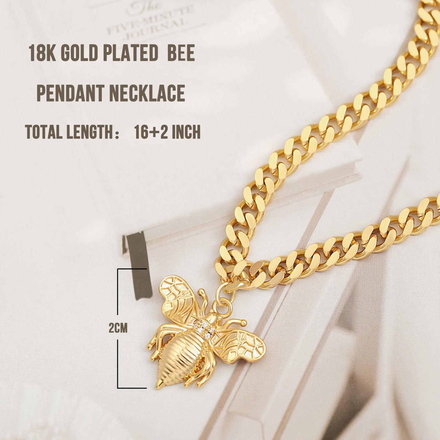 CANEVINKA 18K Gold Plated Necklace for Women Bee Pendant Necklace Handmade Jewelry with Adjustable Necklace Chain Thick Cuban Link Chain Fashion Chunky Necklace