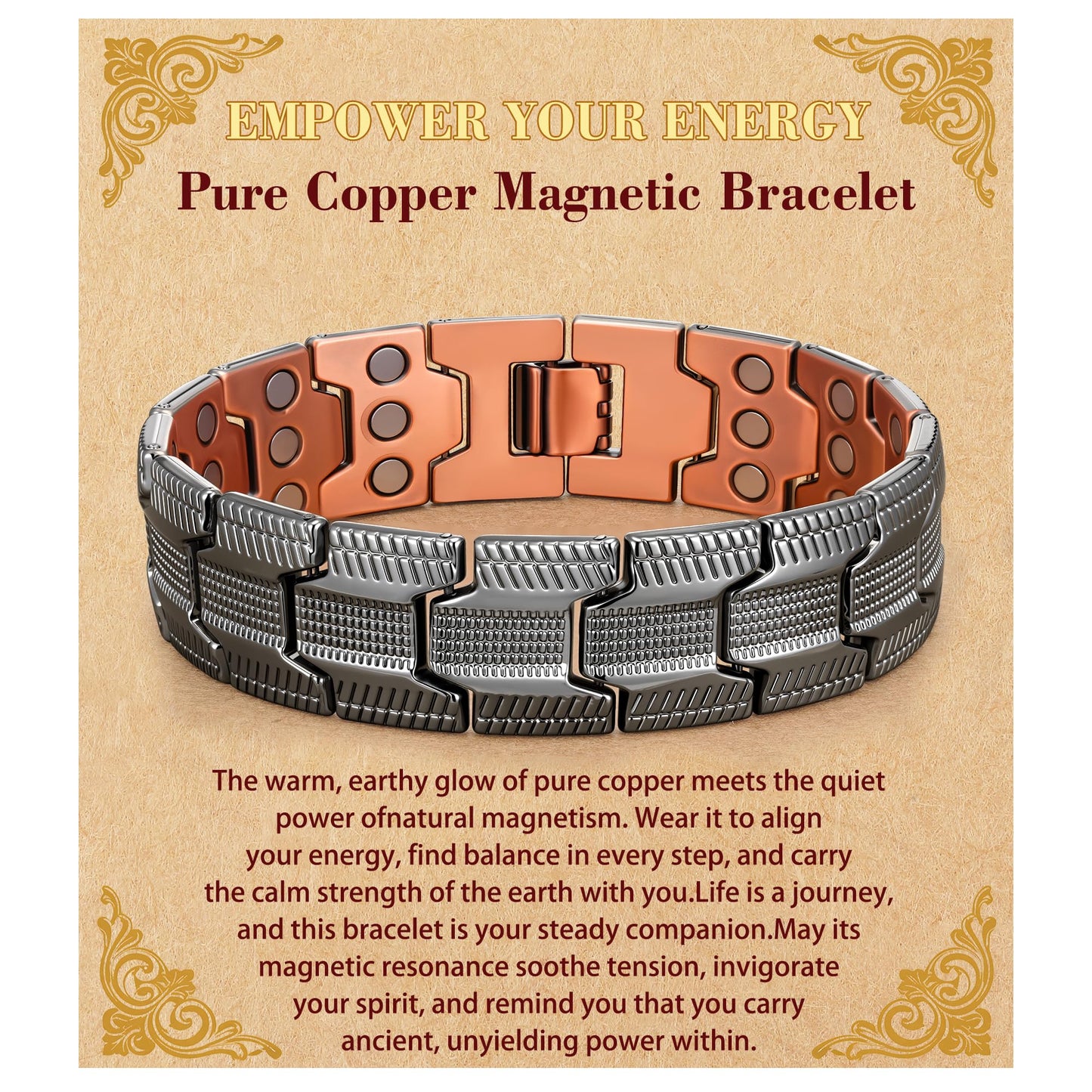HEYOLL Copper Bracelet for Men Pure Copper Magnetic Bracelets for Mens Adjustable Bracelet Birthday Gifts for Him Mens Jewelry Pulsera De Cobre Para Hombres
