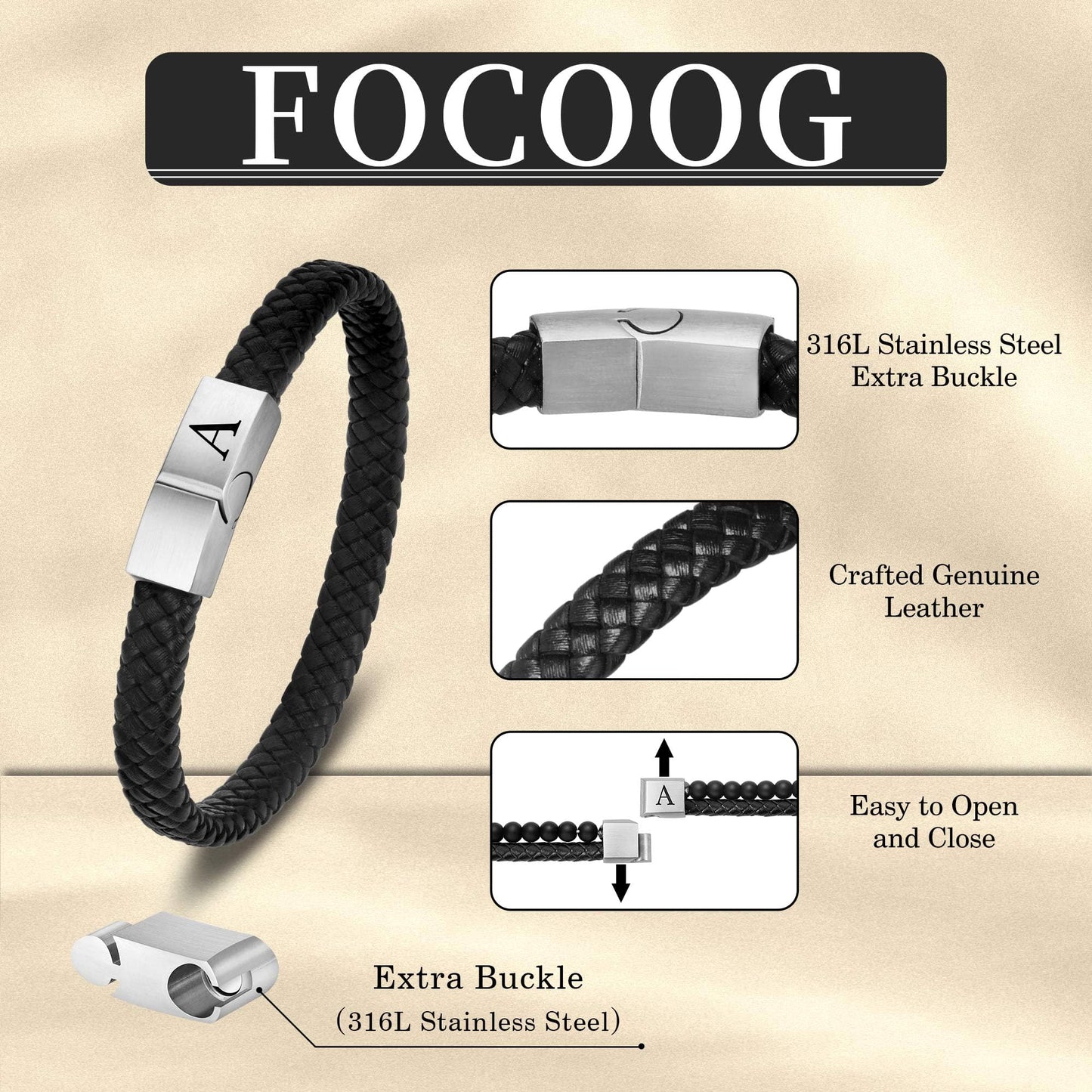 FOCOOG Gifts for Men Bracelet - Mens Bracelets with Initial Magnetic Clasp Gift for Husband Mens Leather Bracelets for Men Gift Initial A Bracelet for Men's Jewelry Men's Gifts for Dad Husband