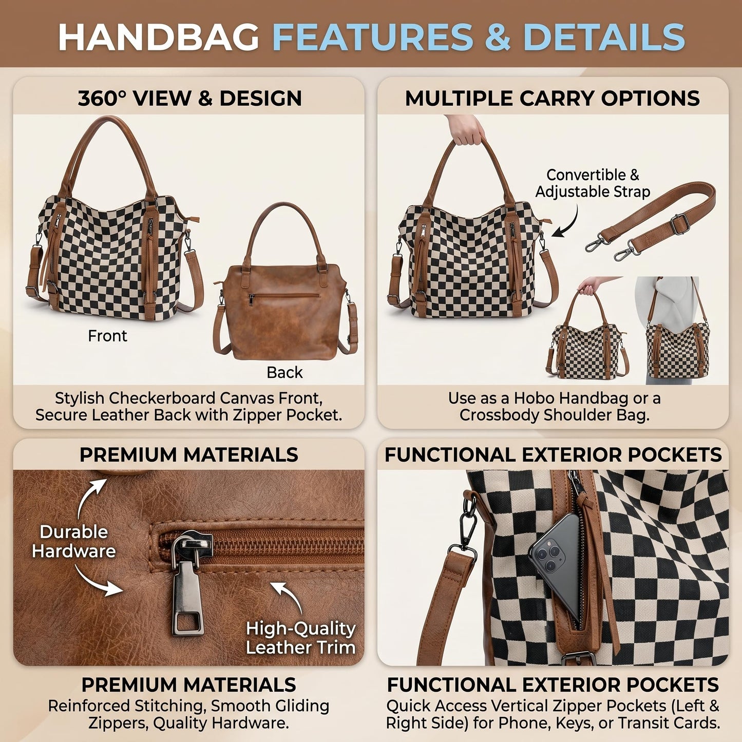 Checkered Crossbody Bag, Checkered Purse, Large Capacity Shoulder Bag, Handbag with Wallet and Cherry Charm