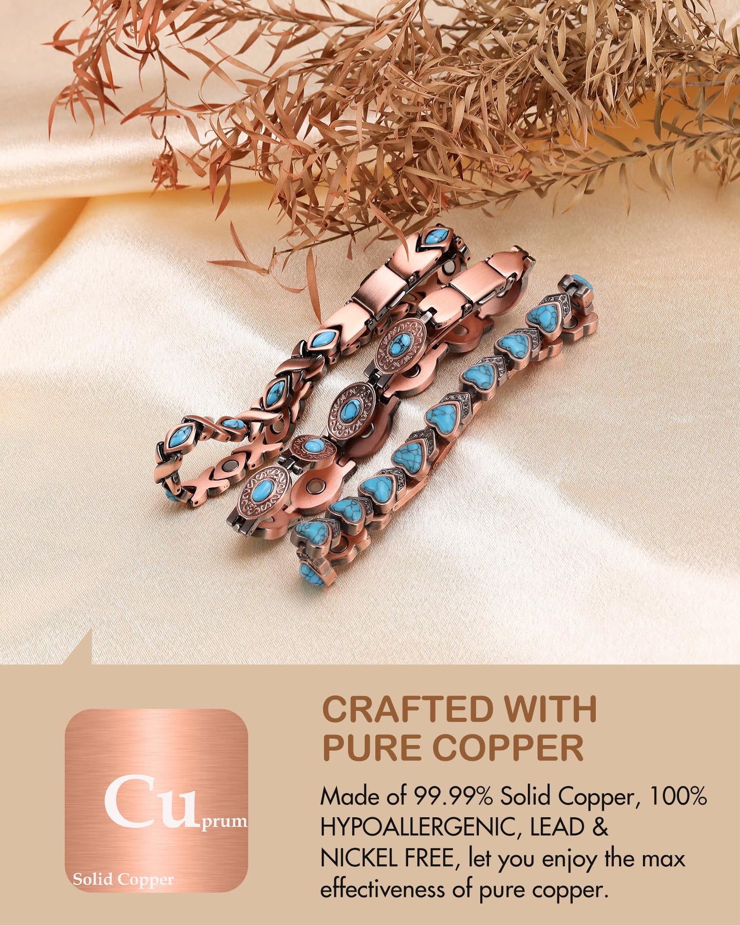 Feraco Pure Copper Bracelets for Women, Ultra Strength Magnetic Bracelet with 3800 Gauss Magnets & Natural Turquois, Adjustable Jewelry, Infinite Symbol