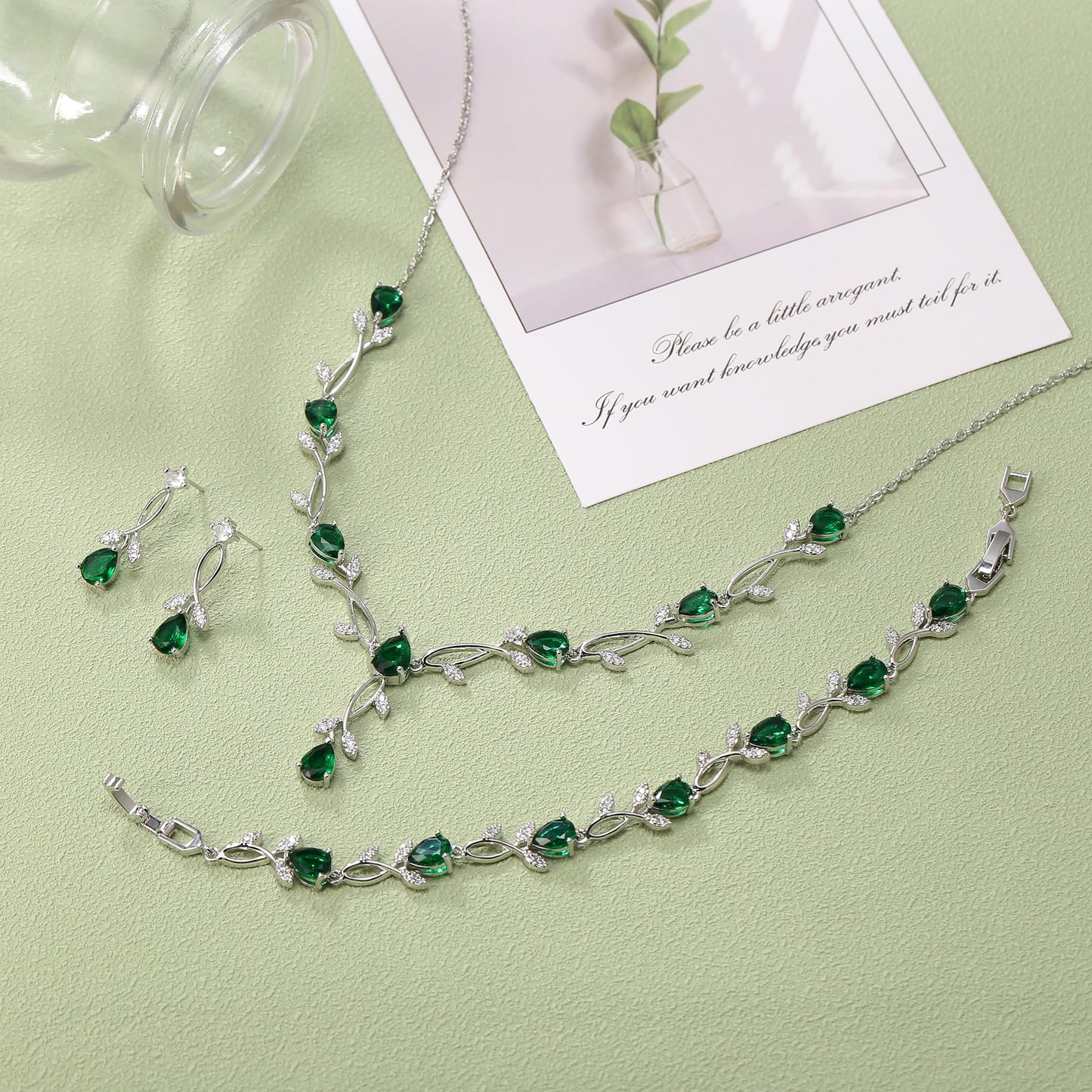 EVER FAITH Wedding Party Jewelry Set for Women, Green Teardrop Cubic Zirconia Leaf Vine Costume Prom Necklace Dangle Earrings Bracelet Sets for Women