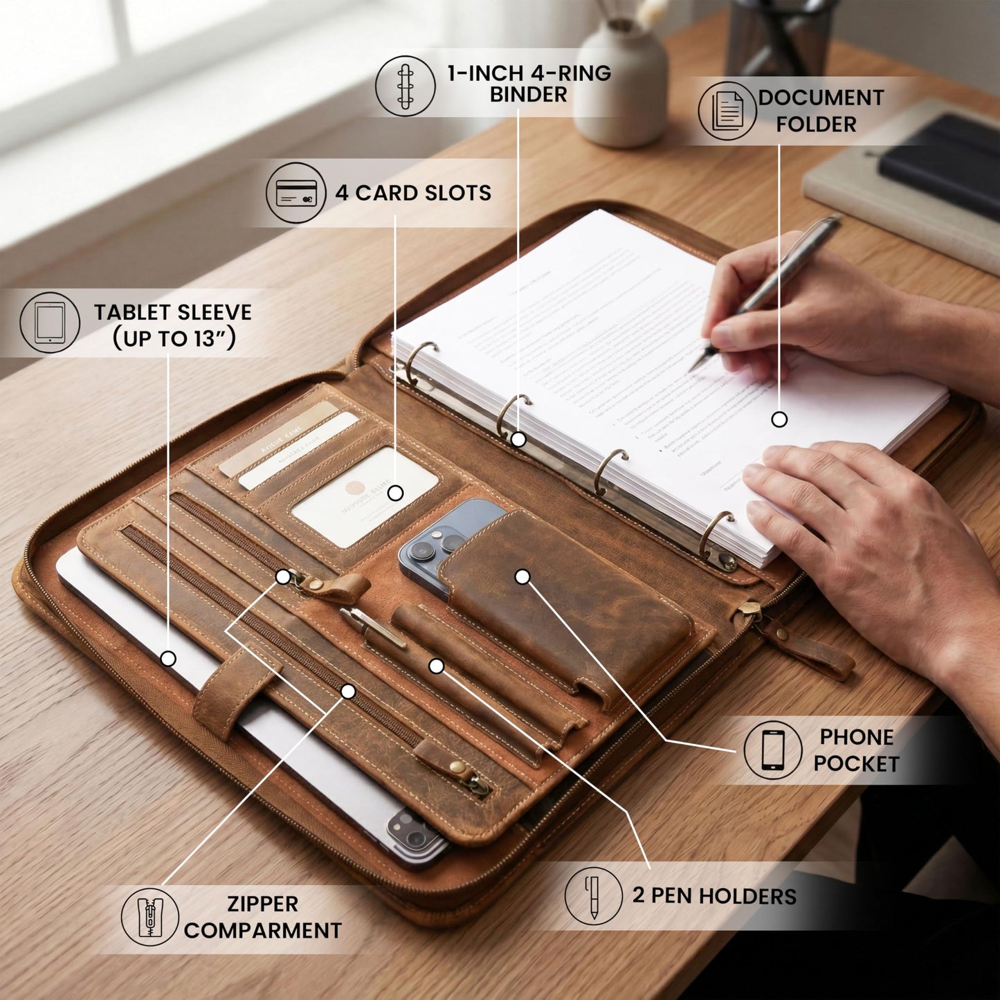 LEATHER VILLAGE Genuine Leather Zipper Portfolio Organizer - Professional Business 4 Ring Binder Padfolio Binder for Documents, Cards, iPad, Tablet, Phone, Resume Folder, Folio for Men & Women - Tan