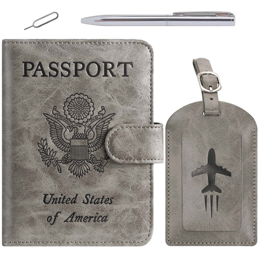 Passport Holder With Luggage Tag Cover Wallet RFID Blocking Leather Case Travel Essentials Accessories Travel Must Have(114#Grey)