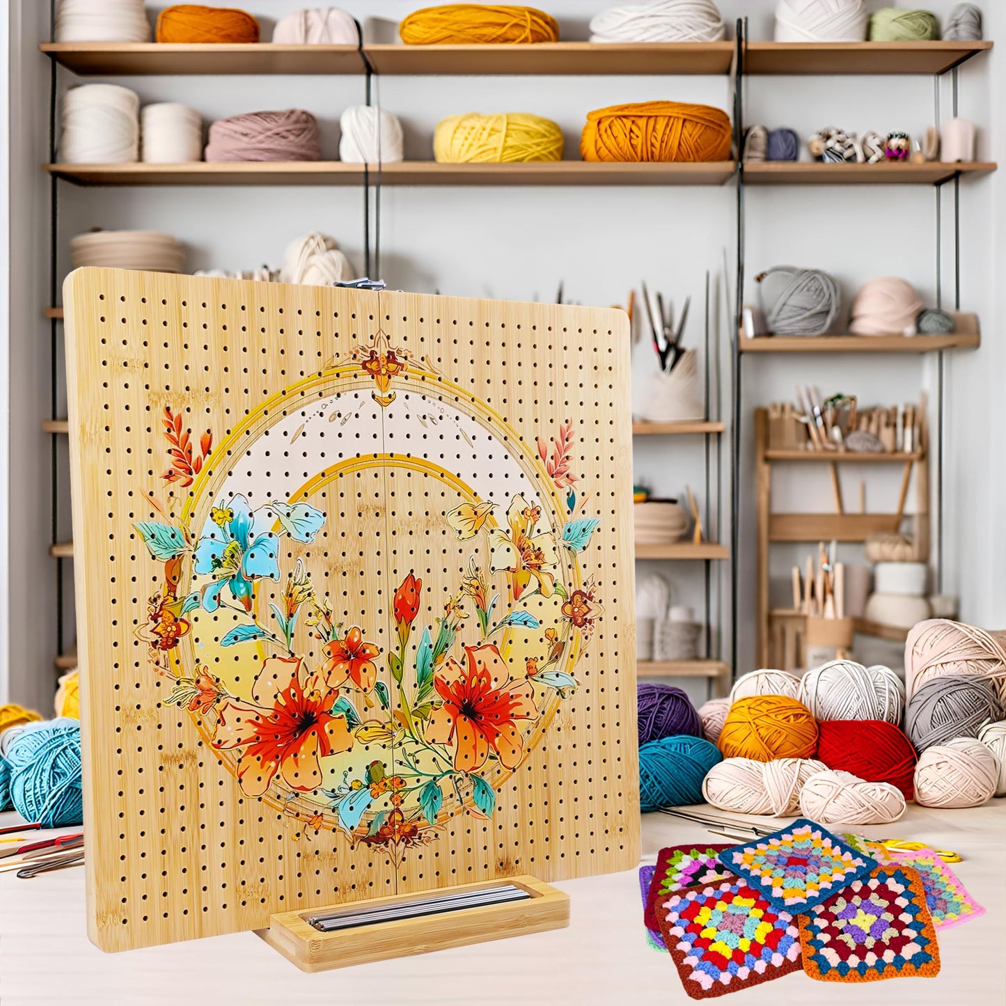 16"x16" Foldable Crochet Blocking Board with 36 Pcs Stainless Steel Rods, Floral Pattern Large Blocking Boards for Crochet Projects, Bamboo Granny Square Blocking Boards Gifts for Crochets Enthusiasts