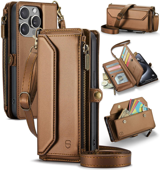 Strapurs Wallet Case Compatible with iPhone 15 Pro Max RFID Blocking 10-Card Holder Soft PU Leather Magnetic Snap Shoulder Strap Zipper Pocket Phone Case Fit for iPhone 15 Pro Max 6.7" - Brown