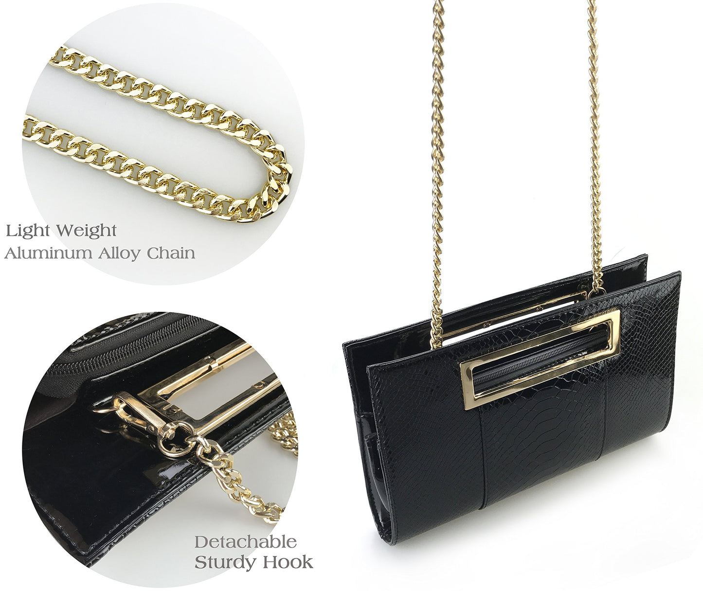 HOXIS Classic Crocodile Pattern Faux Patent Leather Metal Grip Cut it out Clutch with Shoulder Strap Womens Handbag(Black)