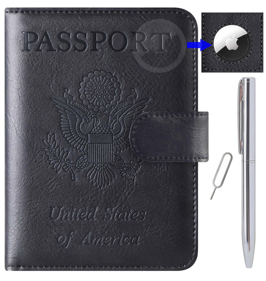 Airtag Passport Holder Cover Wallet Travel Essentials Leather RFID Blocking Case Vacation Luggage Must Haves Travel Accessories for Men Women (117#Black)