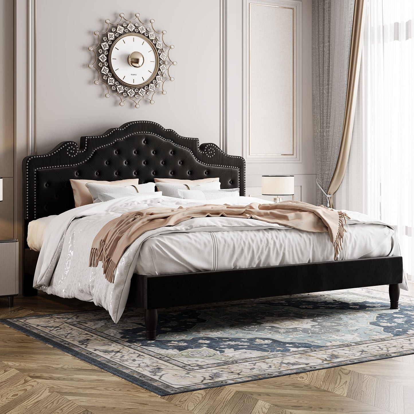 Allewie King Bed Frame with Adjustable Velvet Tiara Headboard, Upholstered Diamond Button Tufted Platform Bed, Wood Slats Support, No Box Spring Needed, Mattress Foundation, Easy Assembly, Black