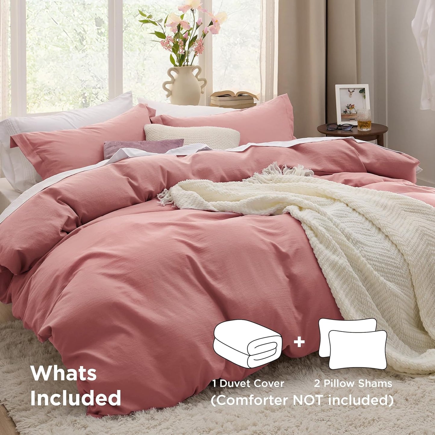 Bedsure Pink Clay Duvet Cover Queen Size - 3 Pieces Prewashed Cotton-Like Extra Soft Bedding Set, Includes 1 Duvet Cover 90x90 Inches with Zipper Closure & 2 Pillow Shams, Comforter Not Included
