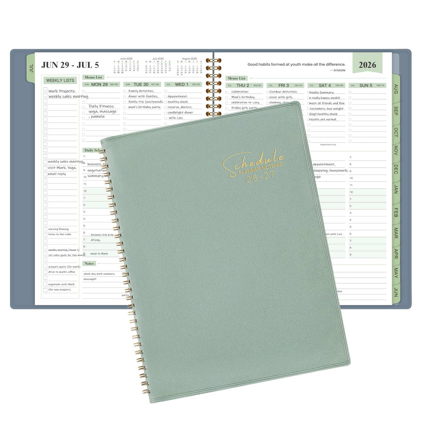 Appointment Book 2026-2027- Business Planner, JUL 2026 - JUN 2027,Planner 2026-2027, 3-Tier Schedule Planner, 8.74" x 11.38", 60 Minutes Intervals + Monthly Tabs + Leather Cover + Pocket - Pea Green