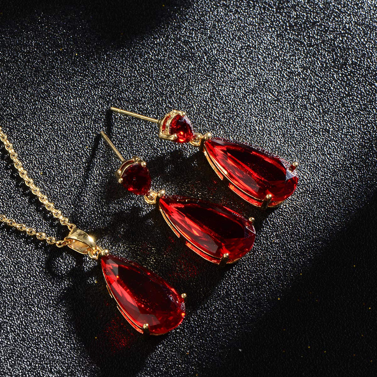 Mycitta Bridal Jewelry Set for Wedding - 18k Gold Plated Red Ruby Teardrop Cubic Zirconia Crystal CZ Drop Earrings and Pendant Necklace Set for Mother of Bride Prom Party Formal Women