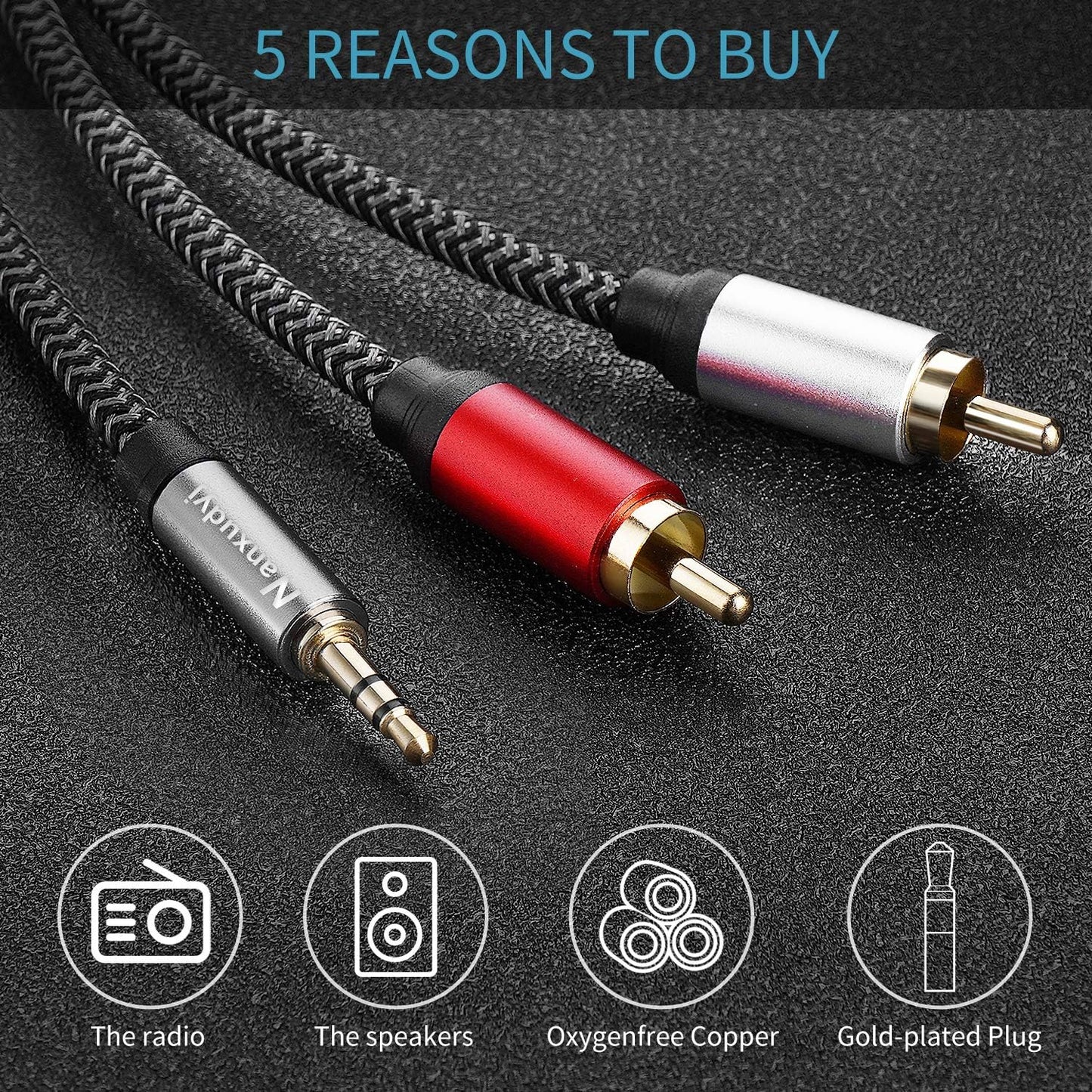 Nanxudyj 3.5mm 2RCA 50ft,Nylon-Braided 3.5mm 2RCA MP3 2RCA to Audio Cable AUX to Audio Cable for Stereo Receiver
